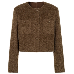 伊芙丽奥莱贴袋装饰苏力羊毛双面呢截短小香风外套女2024秋装女装