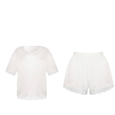 LEYSERN白月光莫代尔睡衣女宽松斜肩蕾丝短袖T恤家居服套装纯欲风