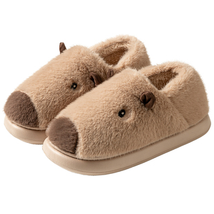 可爱卡皮巴拉踩屎感棉拖鞋女款冬季包跟居家厚底保暖毛绒棉鞋外穿