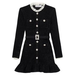 self-portrait 2025秋冬新款经典黑丝绒针织重要场合钻饰连衣裙