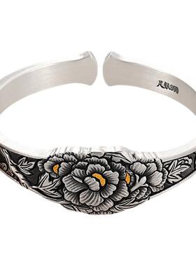 银千造国色风华999牡丹银手镯