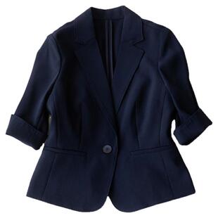 小个子穿搭显高显瘦藏青色短款西装早春新品抗皱好打理七分袖外套