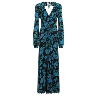 李湘同款弹力网纱印花连衣裙女度假风收腰显瘦气质荷叶边开叉长裙