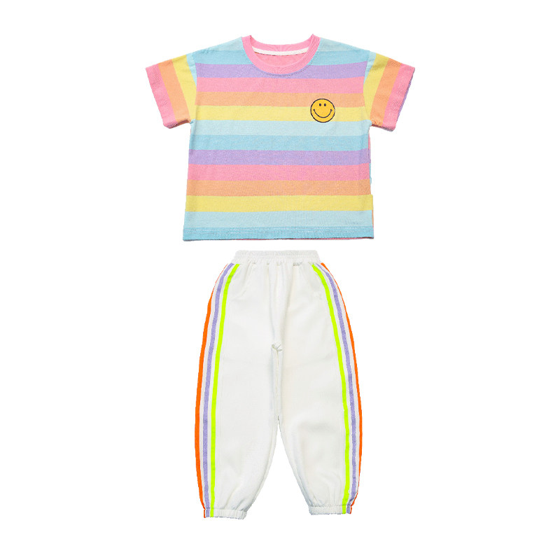 兄妹装夏季彩虹条T恤套装幼儿园园服小学生毕业班服纯棉休闲套装