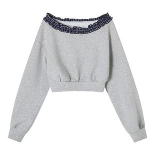 ACMEAURA秋冬美式复古斜肩露肩木耳边长袖套头卫衣女外穿长袖上衣