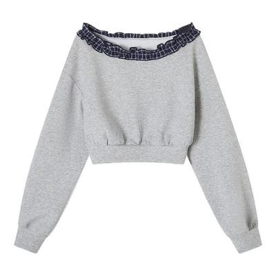 ACMEAURA秋冬美式复古斜肩露肩木耳边长袖套头卫衣女外穿长袖上衣