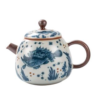 青花功夫泡茶器汝窑中国风家用单个茶壶手把防烫内置球状滤孔茶壶