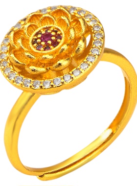 仿真黄金色点钻莲花戒指轻奢指环