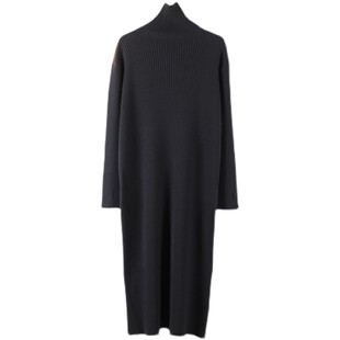 针织打底连衣裙女秋冬纯色高领小个子宽松中长款毛衣裙过膝长裙子