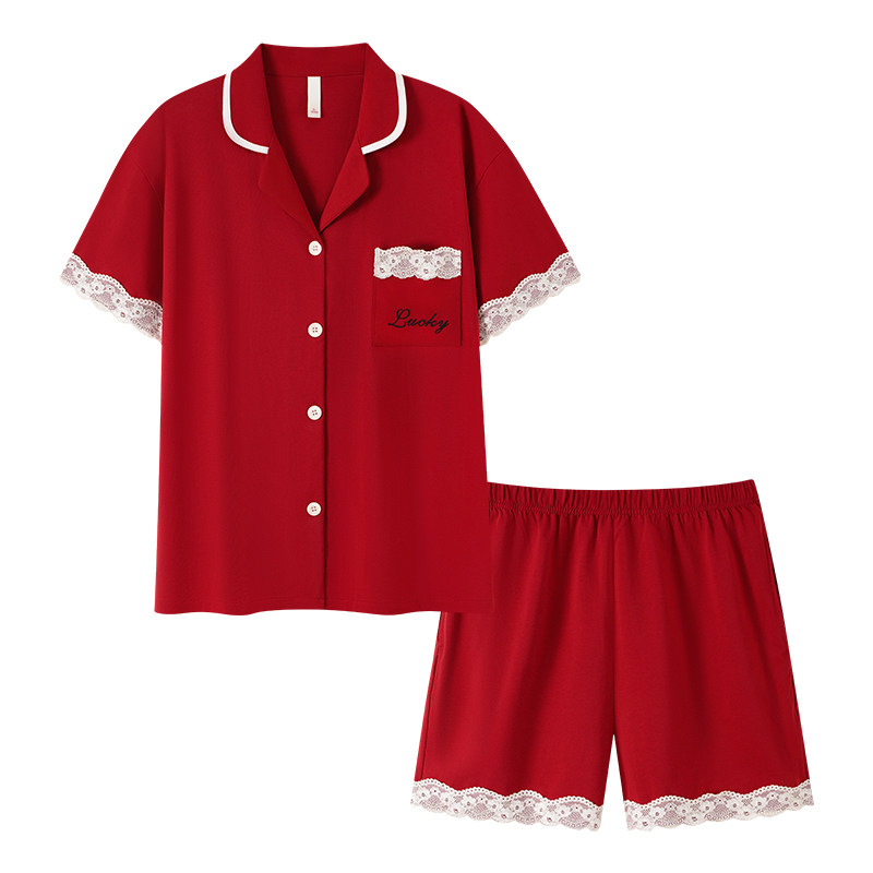 纯棉红色结婚夏季短袖短裤家居服