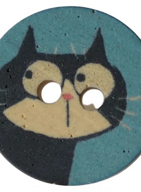 JIM仿木蓝底好奇奶牛猫图案纽扣