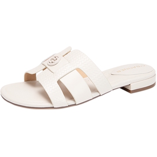 千百度双C拥抱时尚真皮凉拖鞋女夏季气质可外穿休闲度假拖鞋百搭