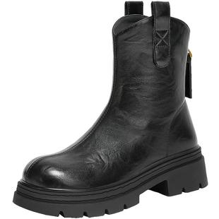 百丽复古加绒弹力靴女25冬季新款厚底粗跟显瘦瘦靴短靴子E5E1DDZ5