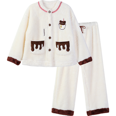 tutuanna秋冬珊瑚绒女士睡衣公主风加绒加厚保暖前扣家居服套装女