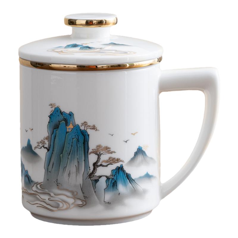 羊脂玉瓷办公杯陶瓷茶水分离高档