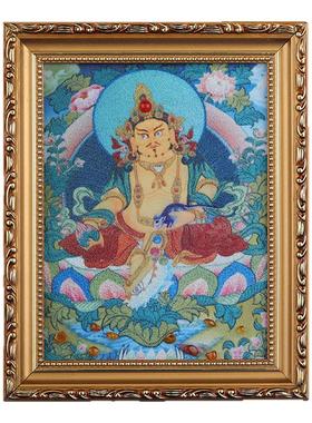 藏式唐卡纯手工绘砂画黄财神家居佛堂摆件西藏供黄财神实木框唐卡