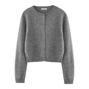 简约复古圆领针织开衫秋冬百搭通勤修身短款全羊毛外套上衣毛衣女