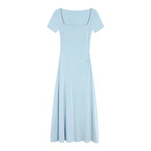 MULVAN 短袖针织连衣裙女夏法式方领修身设计感小众性感露背长裙