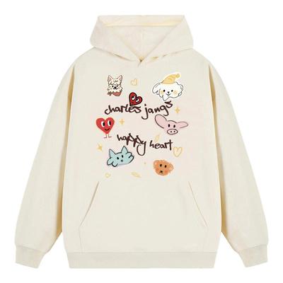 查尔斯桃心 美式童趣宠物蜡笔画印花连帽卫衣男女春秋季百搭外套