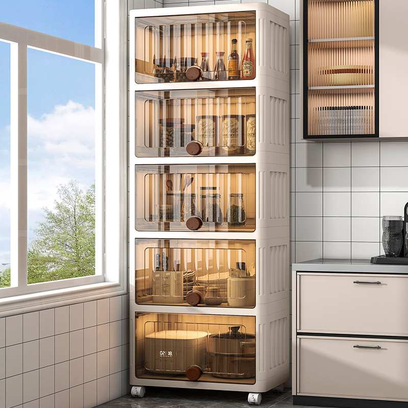 厨房带门储物柜落地多层蔬菜零食置物架大容量可移动翻盖收纳柜子