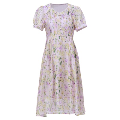 SOMSOM/索玛夏季新款法式碎花复古通勤约会V领泡泡袖收腰连衣裙