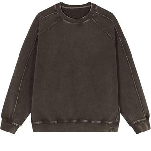 速写男装早春新款男士卫衣圆领华夫格套头卫衣复古做旧休闲时尚