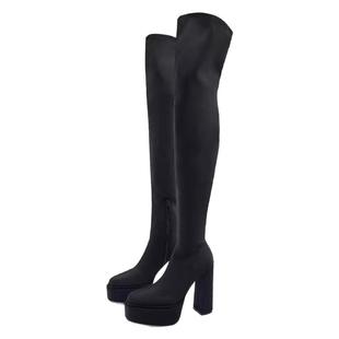 超高跟黑色长筒靴女2025新款过膝靴小个子防水台粗跟弹力靴瘦瘦靴