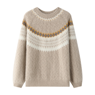 TEASEL「雾岛密语」羊绒羊毛云柔感费尔岛立体绞花拉绒圆领毛衣