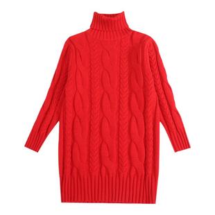 女童高领毛衣秋冬中大童红色麻花加绒加厚毛衣裙中长款宽松打底衣