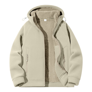 猫人加绒加厚双面摇粒绒外套男羊羔绒抓绒衣连帽拉链兜开衫夹克