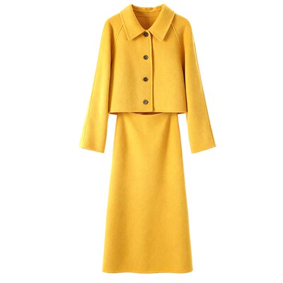姜黄色100羊毛双面呢套装女秋冬