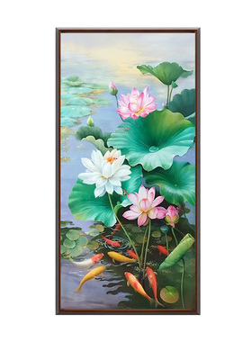 手绘油画入户玄关装饰画荷花挂画九鱼图新中式复古装饰画大芬村