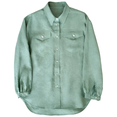 小众法式亚麻衬衫灯笼袖口袋工装