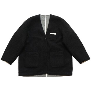 鹿与飞鸟“珍妮曲奇”圈圈肌理两色V领绗棉毛呢双面穿外套7203