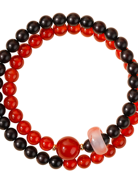 天然红玛瑙小叶紫檀双圈手链马年红绳红色玉髓五行补火宝石本命年