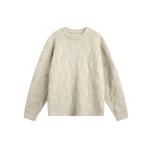 青少年绵羊毛绞花毛衣男秋冬宽松圆领套头针织衫潮牌上衣2025新款