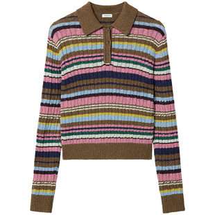 Miss Sixty25秋新款羊毛混纺针织衫女Polo领彩色条纹短款上衣毛衣