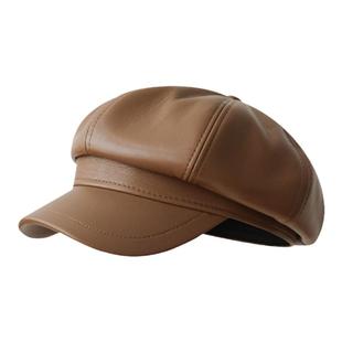 潮牌纯色PU皮质八角帽女生韩国复古街拍报童帽子高级感时髦贝雷帽