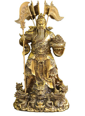 纯黄铜飞龙关公横刀立刀站像摆件令旗武财神九龙关二爷供奉神像铜