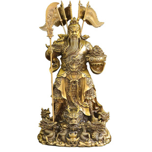 纯黄铜飞龙关公横刀立刀站像摆件令旗武财神九龙关二爷供奉神像铜