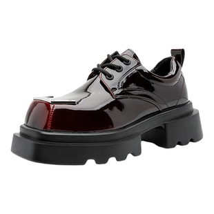 方头德比鞋男款棕色漆皮亮面厚底增高工装鞋通勤休闲小众潮牌皮鞋