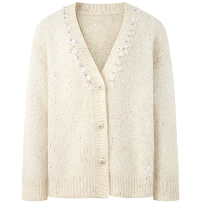 DIANA VEVINA 秋冬新款慵懒风宽松亮片V领羊毛针织开衫女保暖毛衣