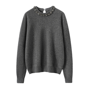 圆领钉珠镶钻羊绒衫女100纯山羊绒毛衣秋冬新款上衣套头针织打底