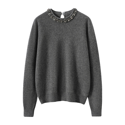 圆领钉珠镶钻羊绒衫女100纯山羊绒毛衣秋冬新款上衣套头针织打底