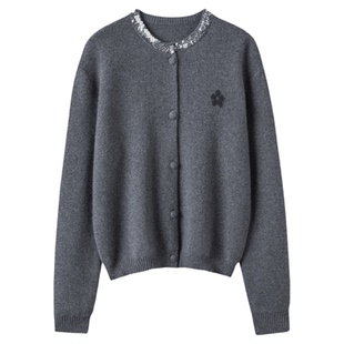 一见倾心！亮片设计领口纯羊绒花朵提花针织开衫女短款毛衣外套