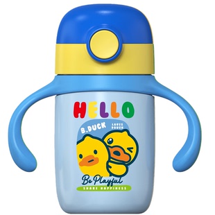 B.Duck小黄鸭儿童保温杯吸管杯防漏双盖幼儿园水杯防摔不锈钢水壶