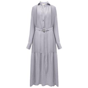 COCOBELLA肌理感褶皱莱赛尔连衣裙女通勤OL气质紫长袖衬衫裙FR915