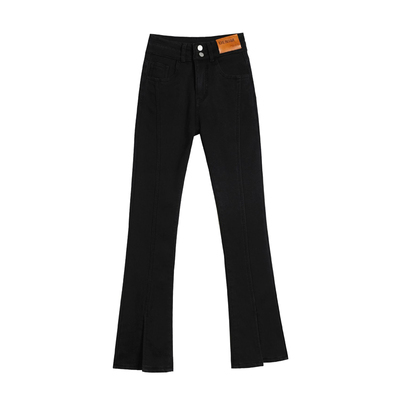 黑色高腰开叉微喇叭牛仔裤子显瘦