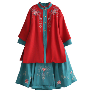 断码清仓 女童汉服秋冬季明制外套中国风红色中长款古装刺绣唐装