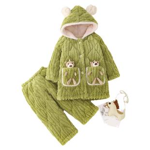 冬季儿童加厚睡衣法兰绒夹棉连帽套装女童珊瑚绒男孩童宝宝家居服